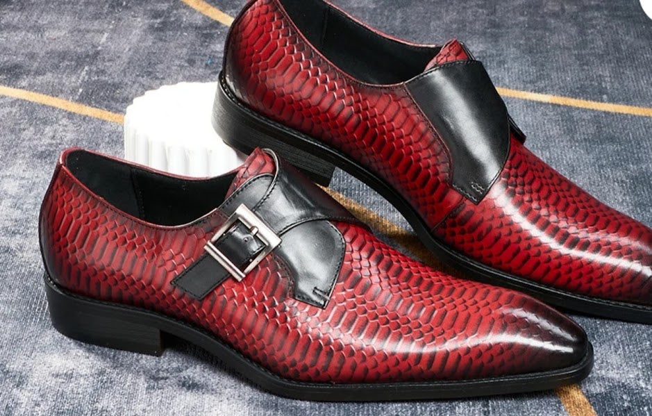 Crimson snakeskin monk strap dress shoes with silver buckle
