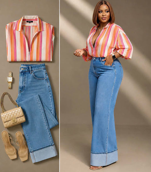 Multicolor Striped V-Neck Collared Shirt