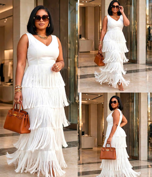 White Tiered Fringe Maxi Dress