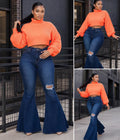 High-Waist Distressed Bell Bottom Flare Jeans