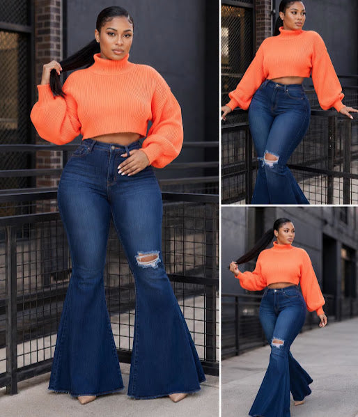 High-Waist Distressed Bell Bottom Flare Jeans