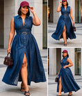 Denim Belted Button-Front Maxi Dress with Slit