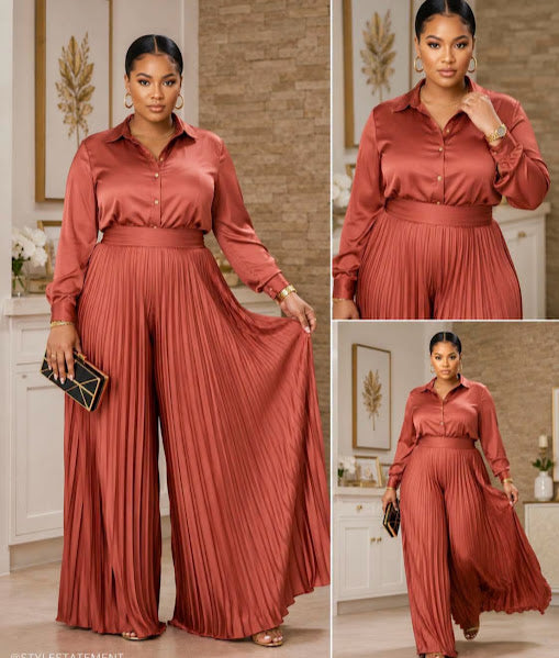 Satin Button-Down Shirt & Pleated Wide-Leg Pants Set