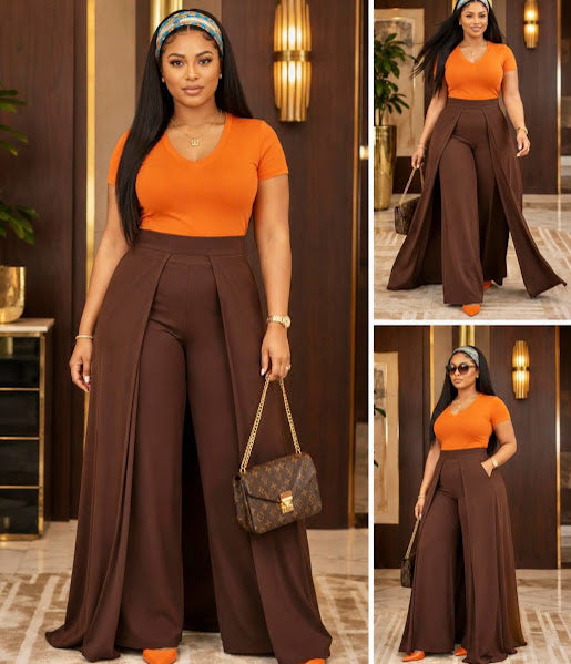 Orange V-Neck Top & Brown Wide-Leg Pants Set