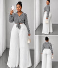 Black & White Striped Tie-Front Top & Pleated Wide-Leg Pants Set