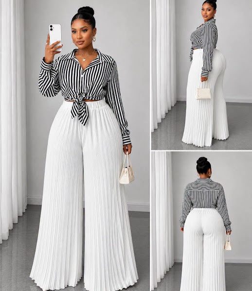 Black and White Striped Tie-Front Top and Pleated Wide-Leg Pants Set