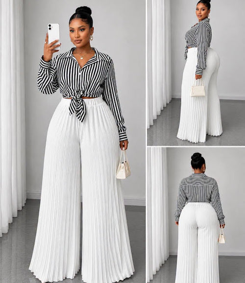 Black and White Striped Tie-Front Top and Pleated Wide-Leg Pants Set