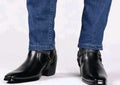 Black Leather Pointed-Toe Western Ankle Boots with Harness Buckle