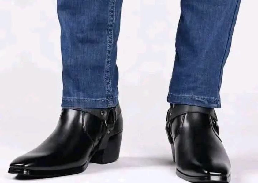 Black Leather Pointed-Toe Western Ankle Boots with Harness Buckle