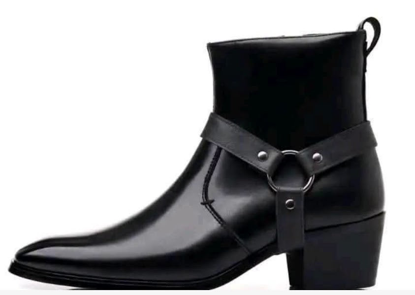 Black Leather Pointed-Toe Western Ankle Boots with Harness Buckle