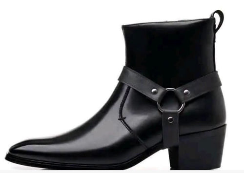 Black Leather Pointed-Toe Western Ankle Boots with Harness Buckle