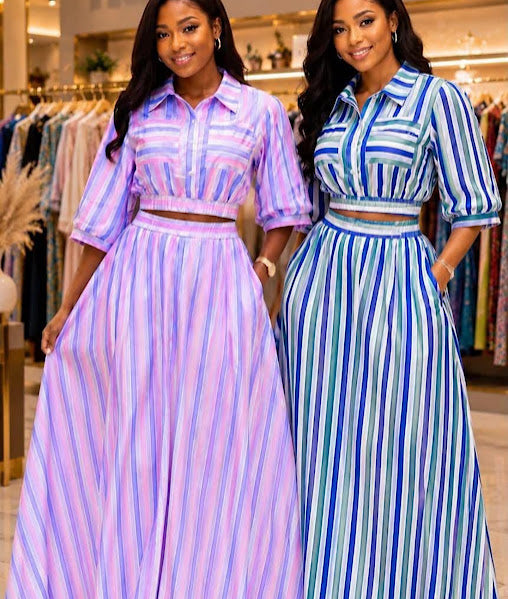Striped Crop Top and Maxi Skirt Two-Piece Set in Lavender and Blue
