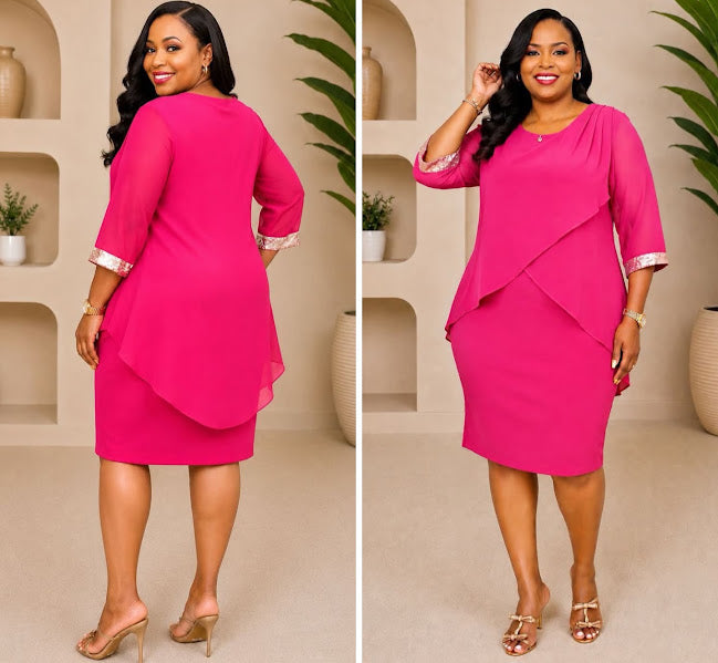 Hot Pink Sequin Trim Chiffon Overlay Dress