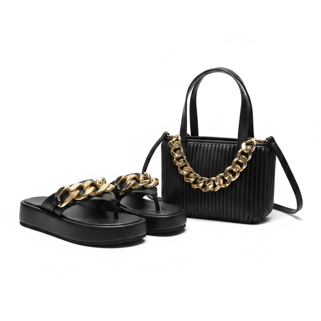 Black Chain Sandals & Bag Set
