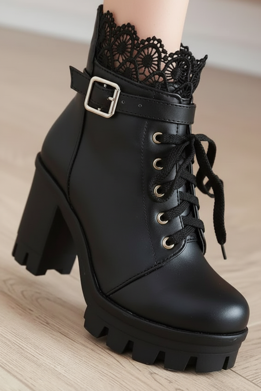 Black Lace Trim Boots - Detail