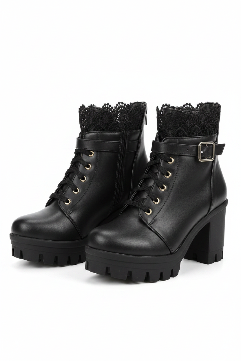 Black Lace Trim Boots - Studio