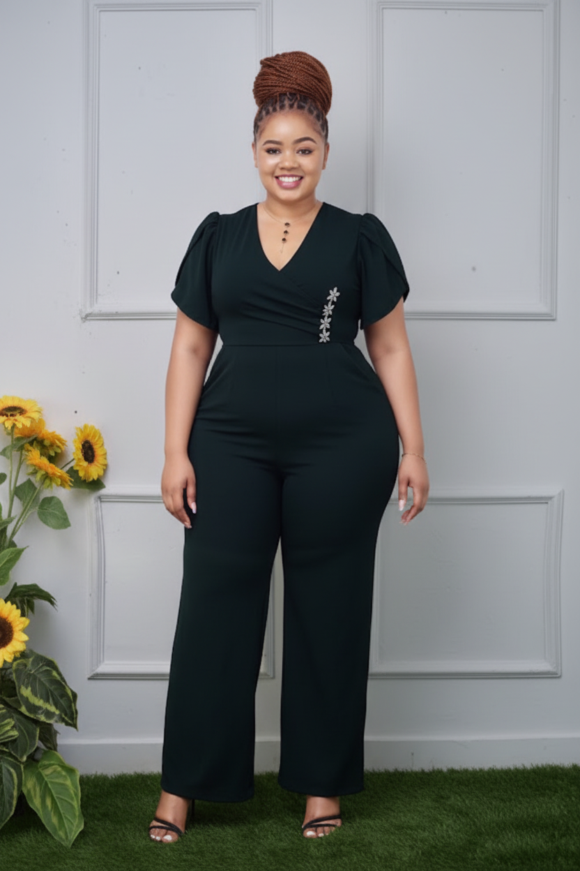 Black Puff Sleeve Jumpsuit - Forest Green