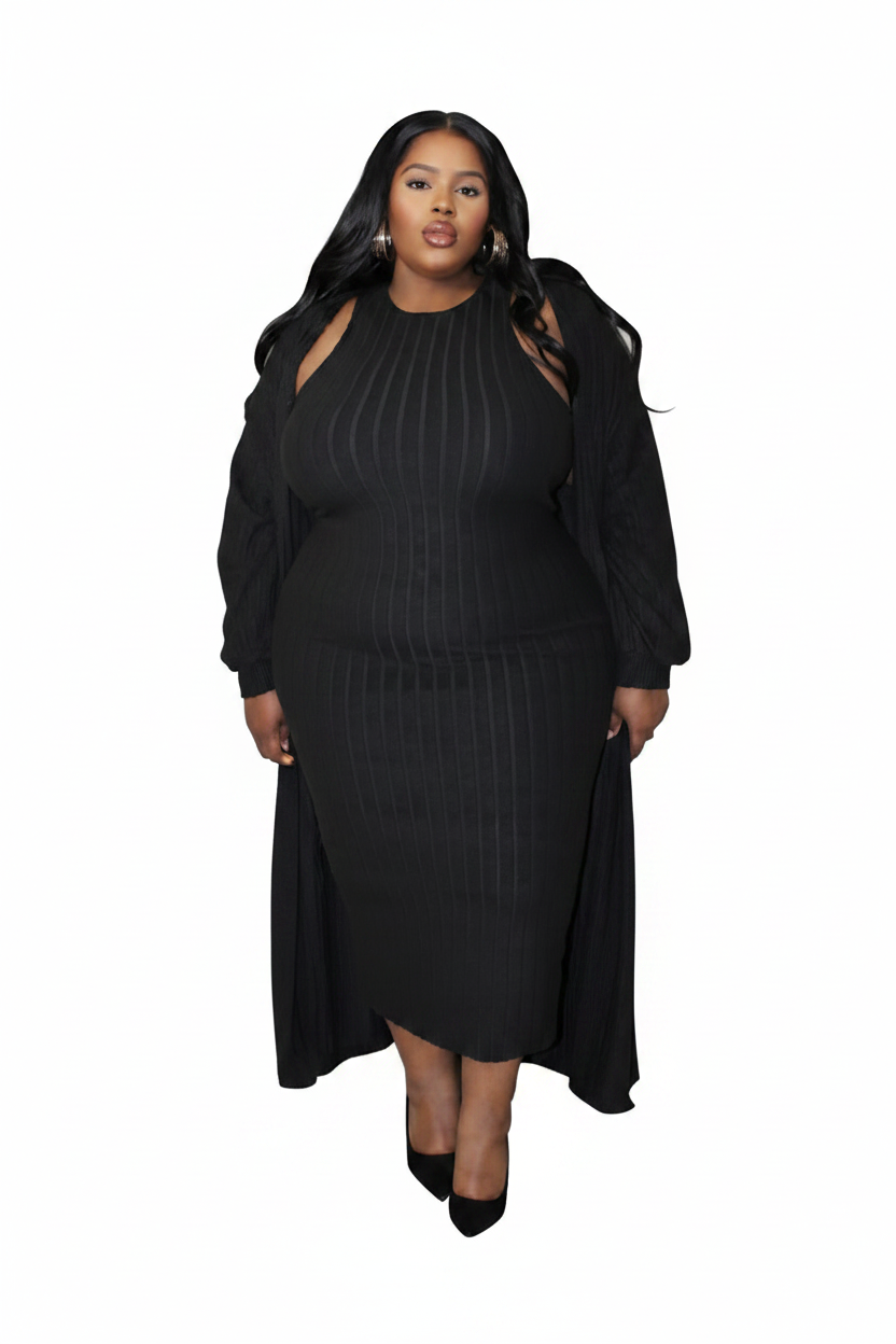 Black Ribbed Knit Midi Dress