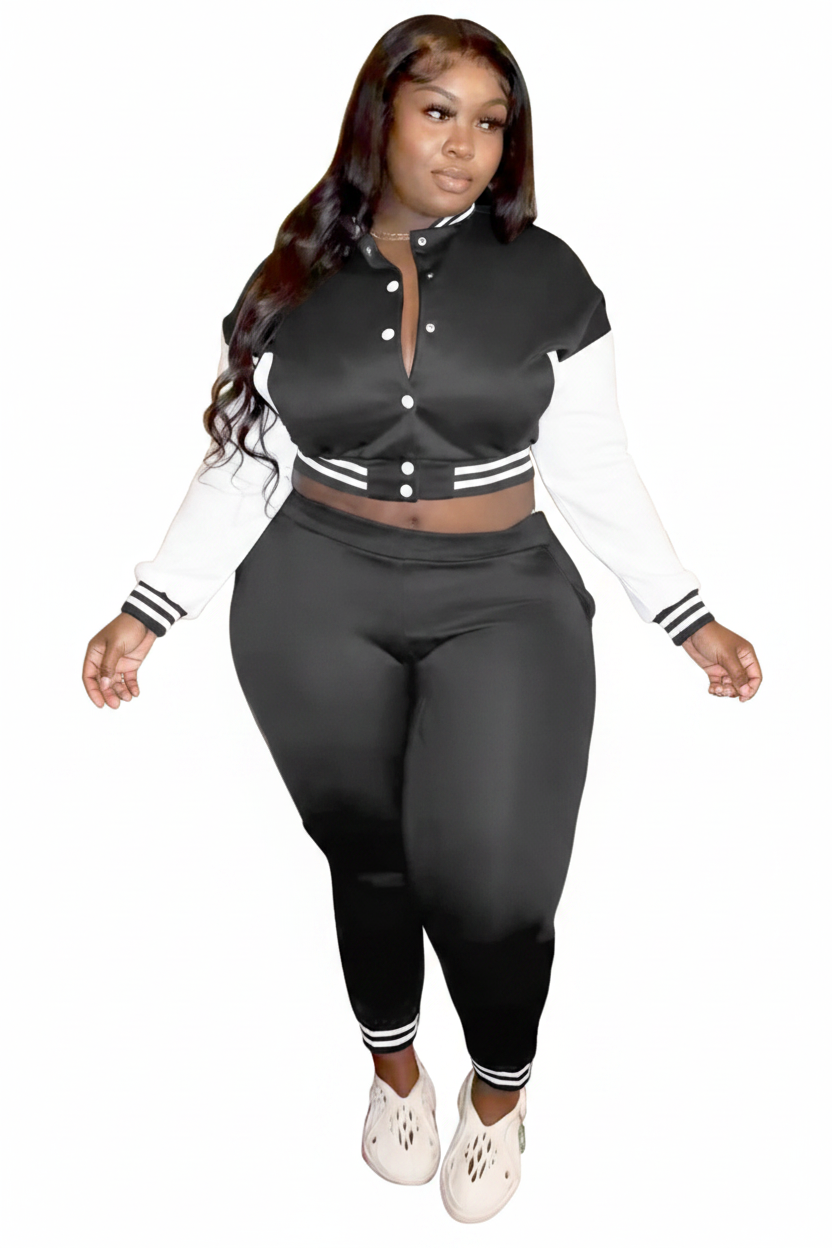 Black Varsity Crop Jacket & Leggings Set