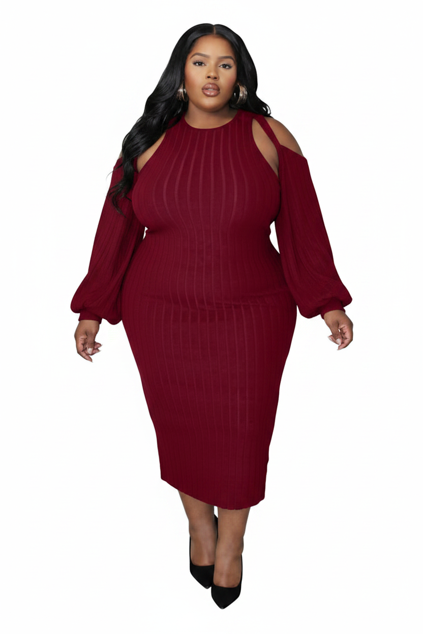 Burgundy Ribbed Knit Midi Dress