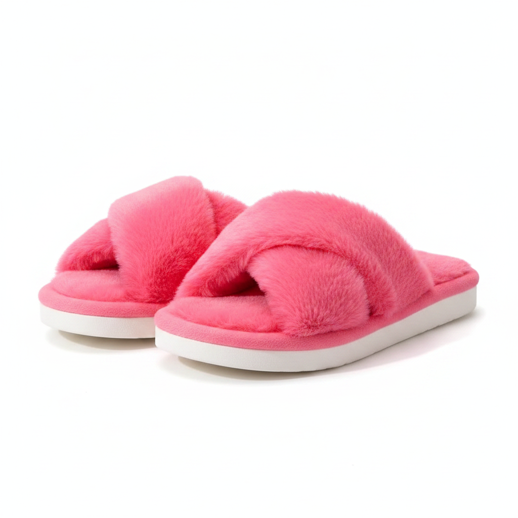 Hot Pink Fluffy Cross-Band Slippers