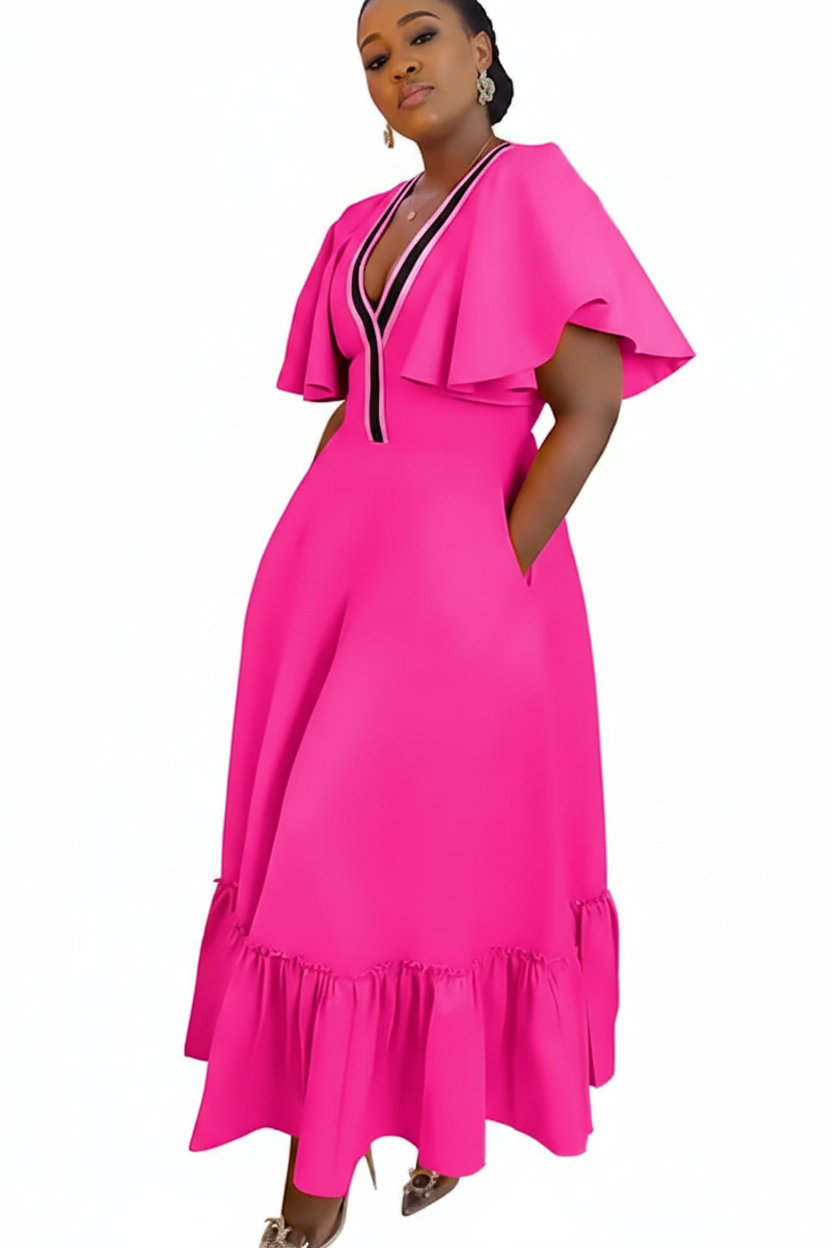 Hot Pink Flutter Sleeve Maxi Dress
