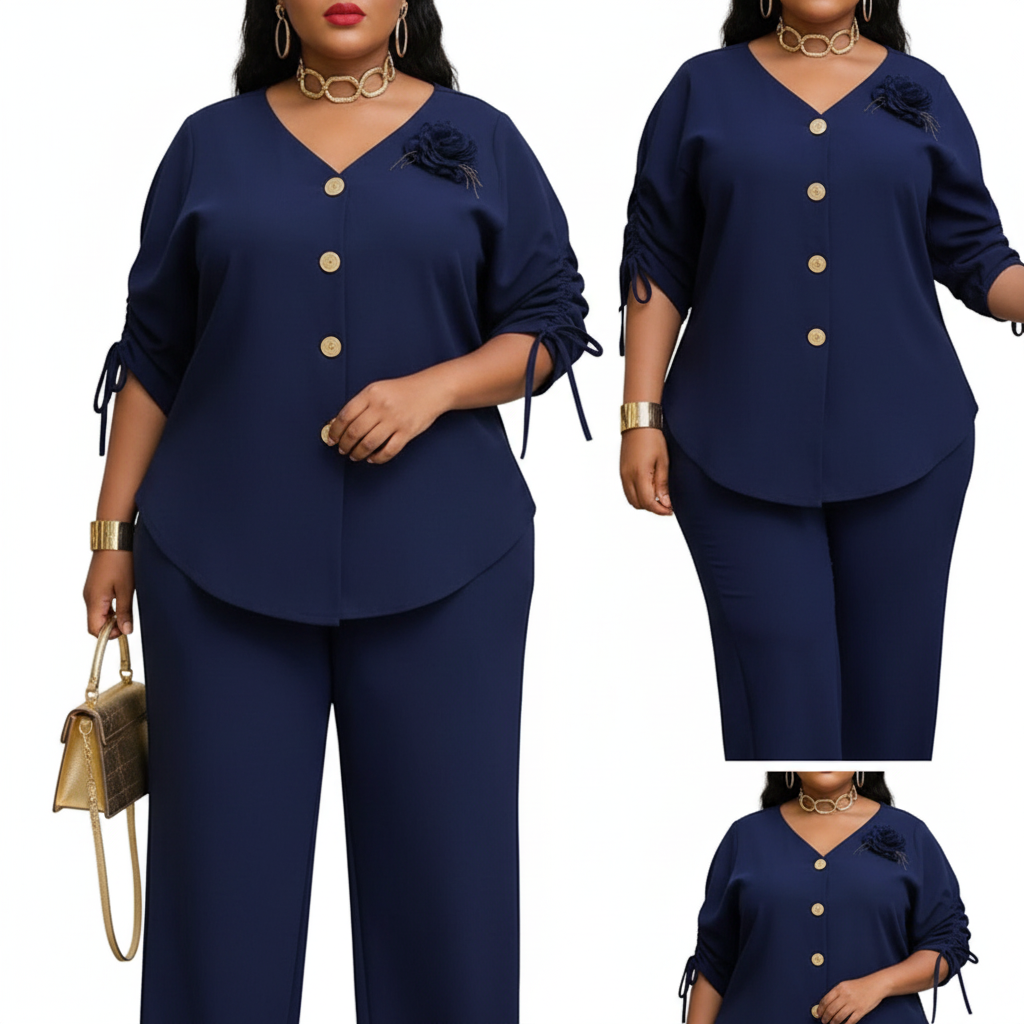 Women's Plus Size 2-Piece Tunic & Pants Set - Navy Blue