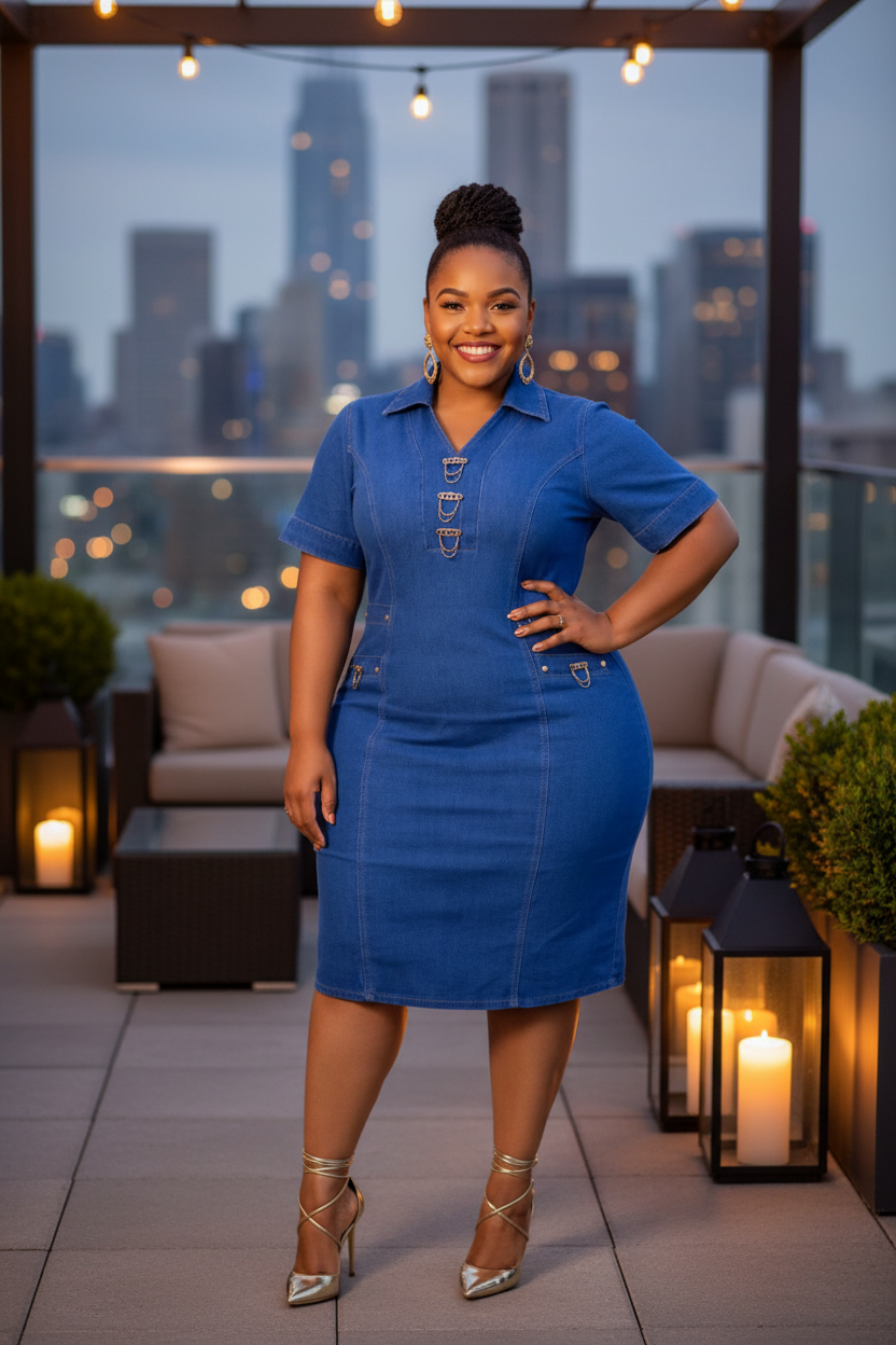 Royal blue denim bodycon dress styled for evening with strappy heels