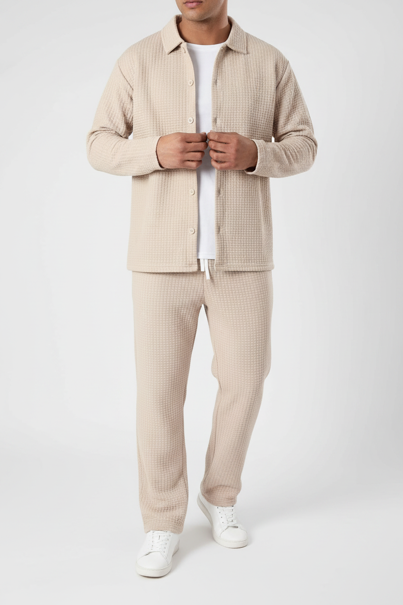 Men's beige waffle knit set lifestyle editorial shot