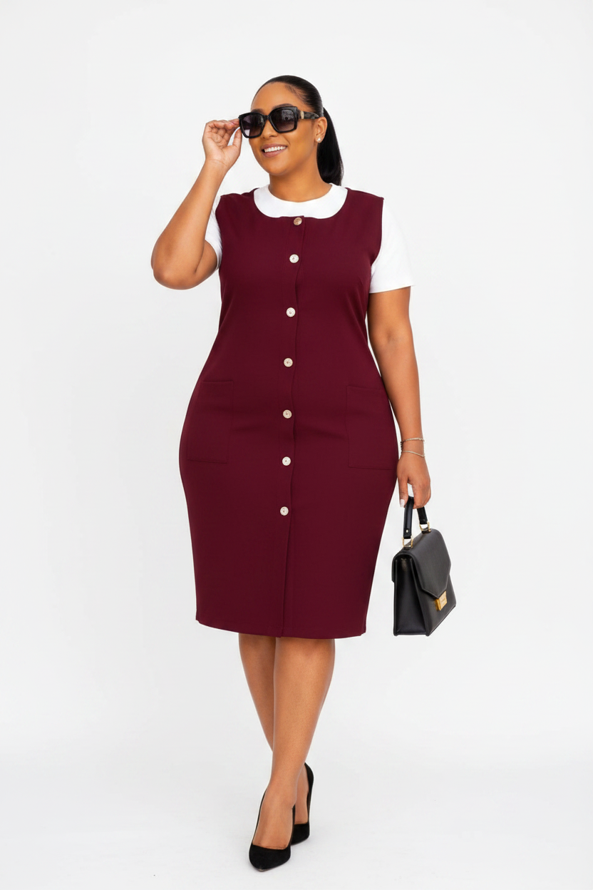 Burgundy Pinafore Midi Dress & White Tee Set - Studio