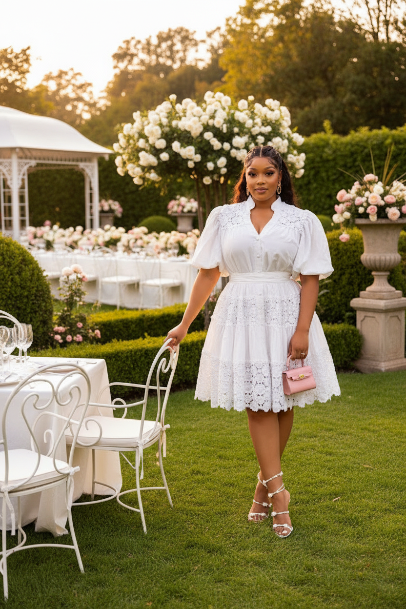 White puff sleeve eyelet lace skater dress styled with pink handbag at garden party