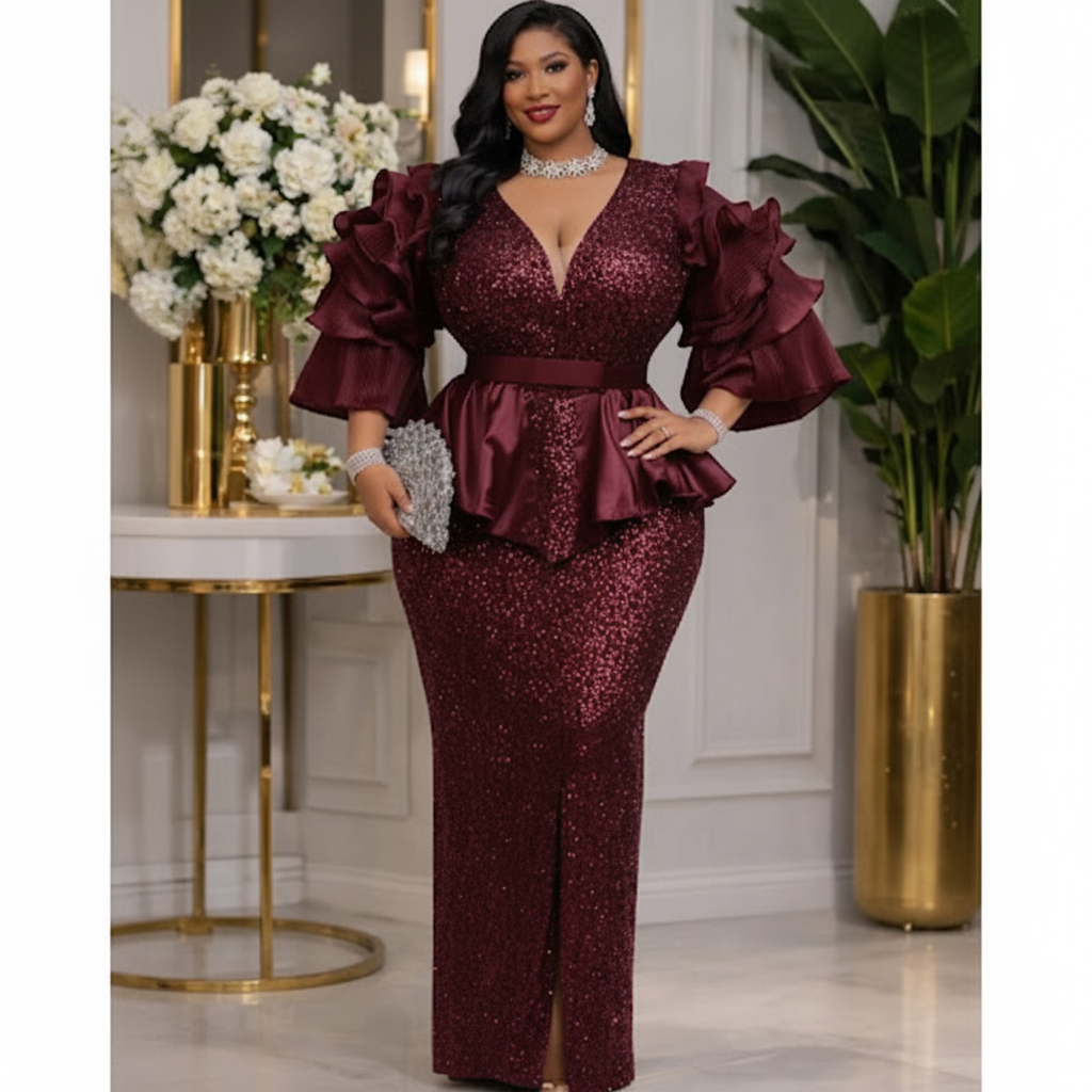 Women's Plus Size Sequin Evening Gown - Burgundy