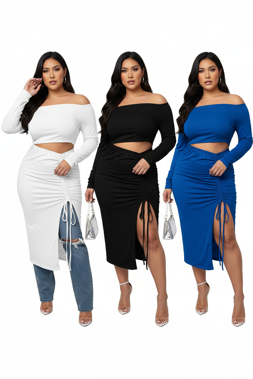 Plus Size Off-Shoulder Ruched Cutout High Slit Midi Dress