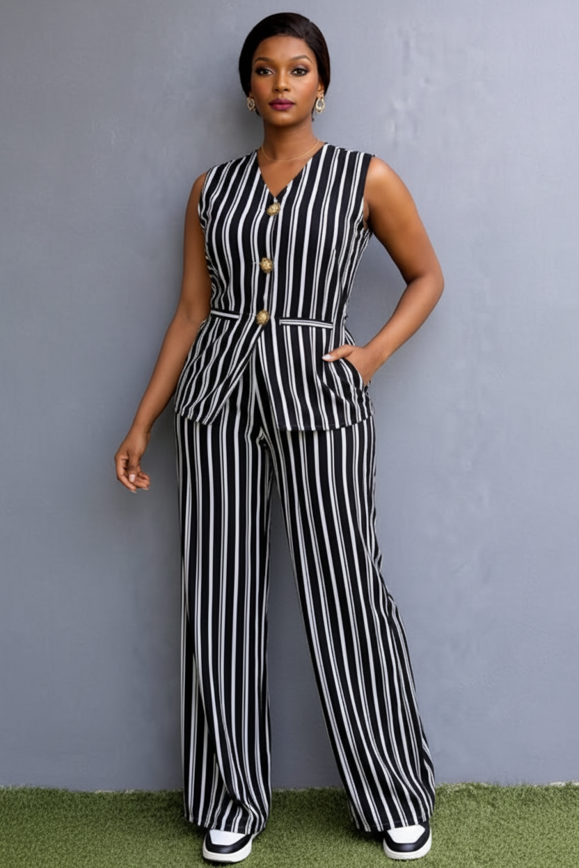 Striped Two-Piece Pant Set in Black and White
