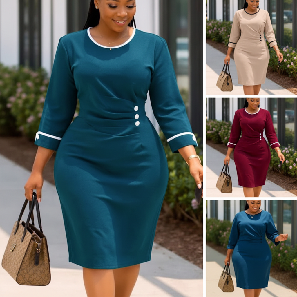 Women's Contrast Trim Bodycon Office Dress - Teal