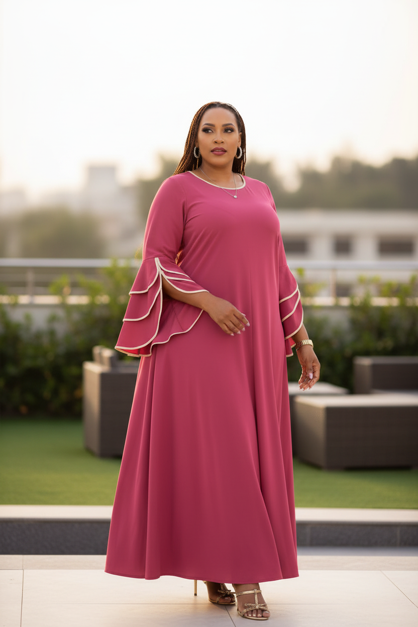 Rose pink flutter sleeve maxi dress styled outdoors with gold sandals and hoop earrings
