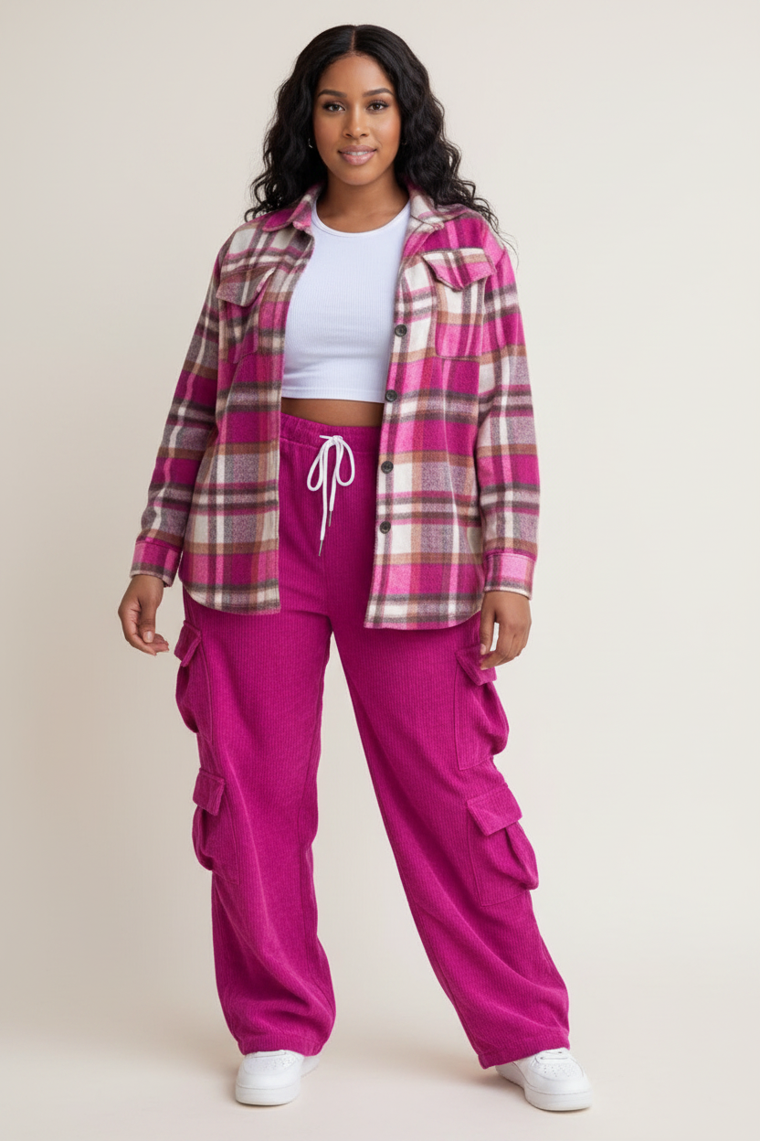 Plaid Flannel Shacket & Cargo Pants Set - Hot Pink