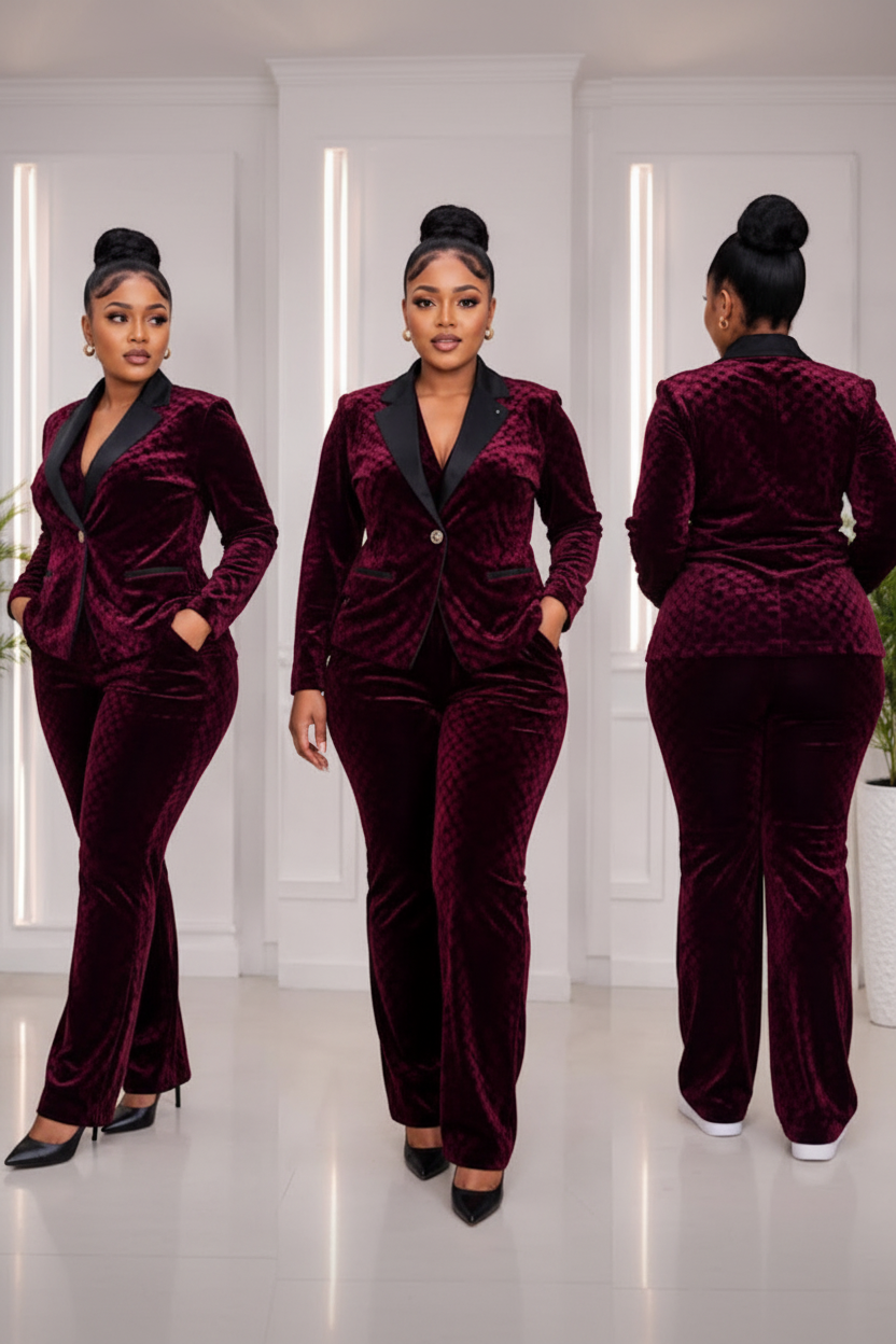 Burgundy Velvet Two-Piece Suit - Minimalist White Studio