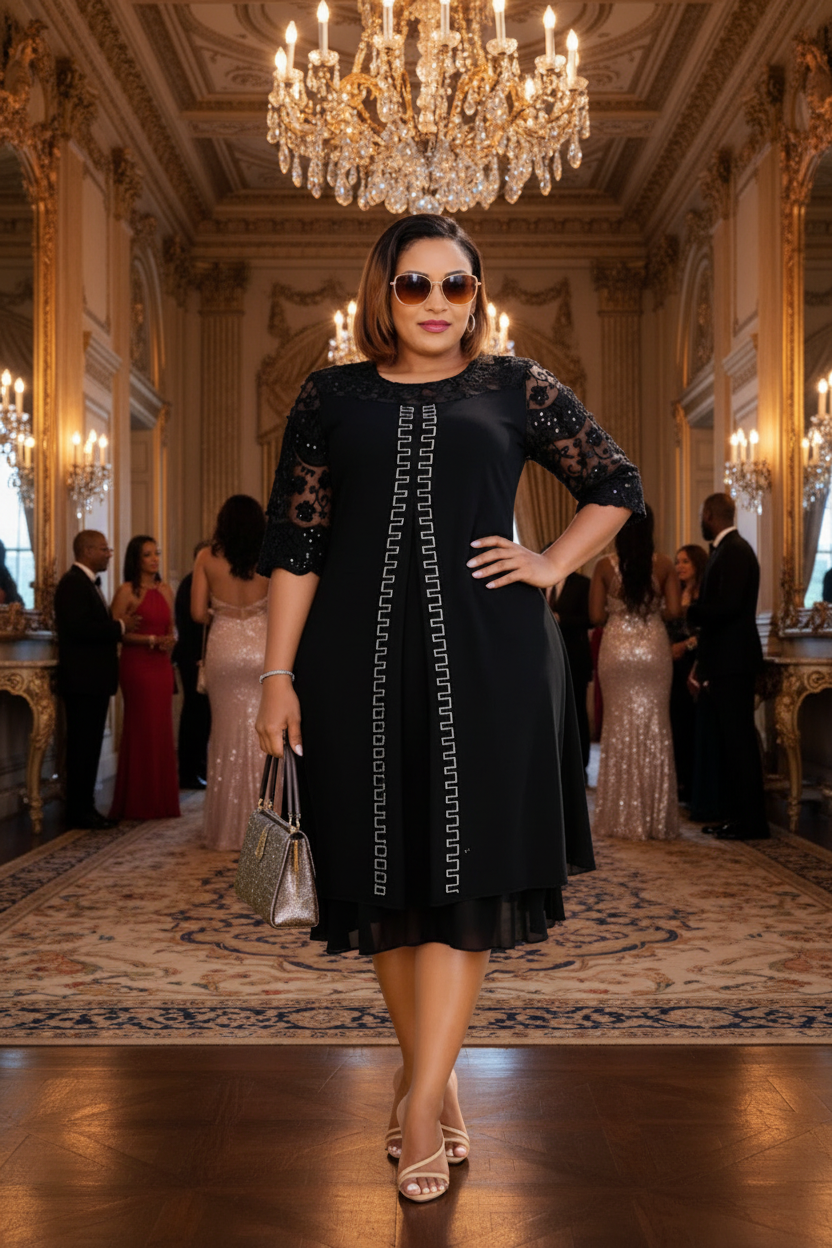 Black Lace Sleeve Sequin Trim Midi Dress - Gala