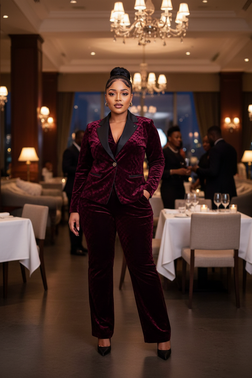 Burgundy Velvet Two-Piece Suit - Upscale Event Venue