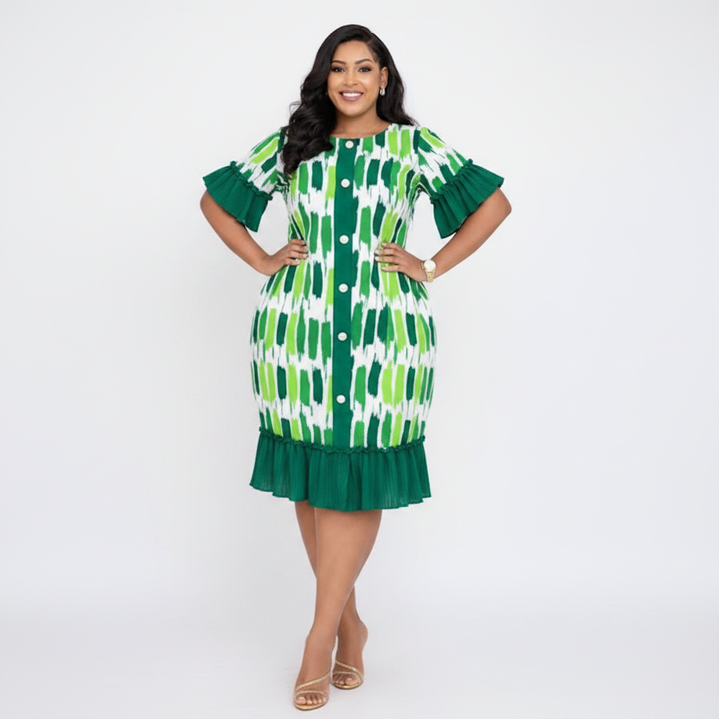 Women's Plus Size Abstract Print Ruffle Dress - Green