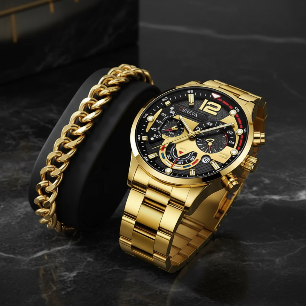 Gold chronograph watch and Cuban bracelet on dark marble surface