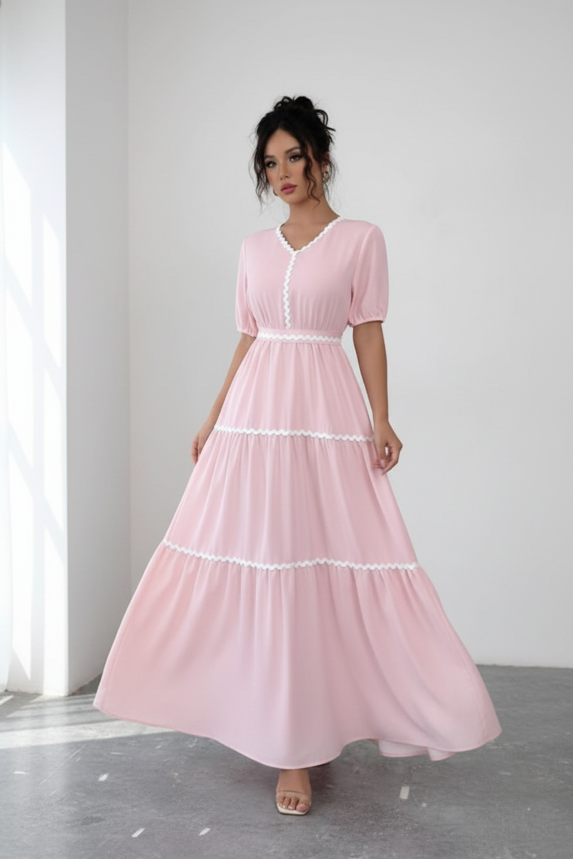 Blush Pink Ric Rac Trim Tiered Maxi Dress