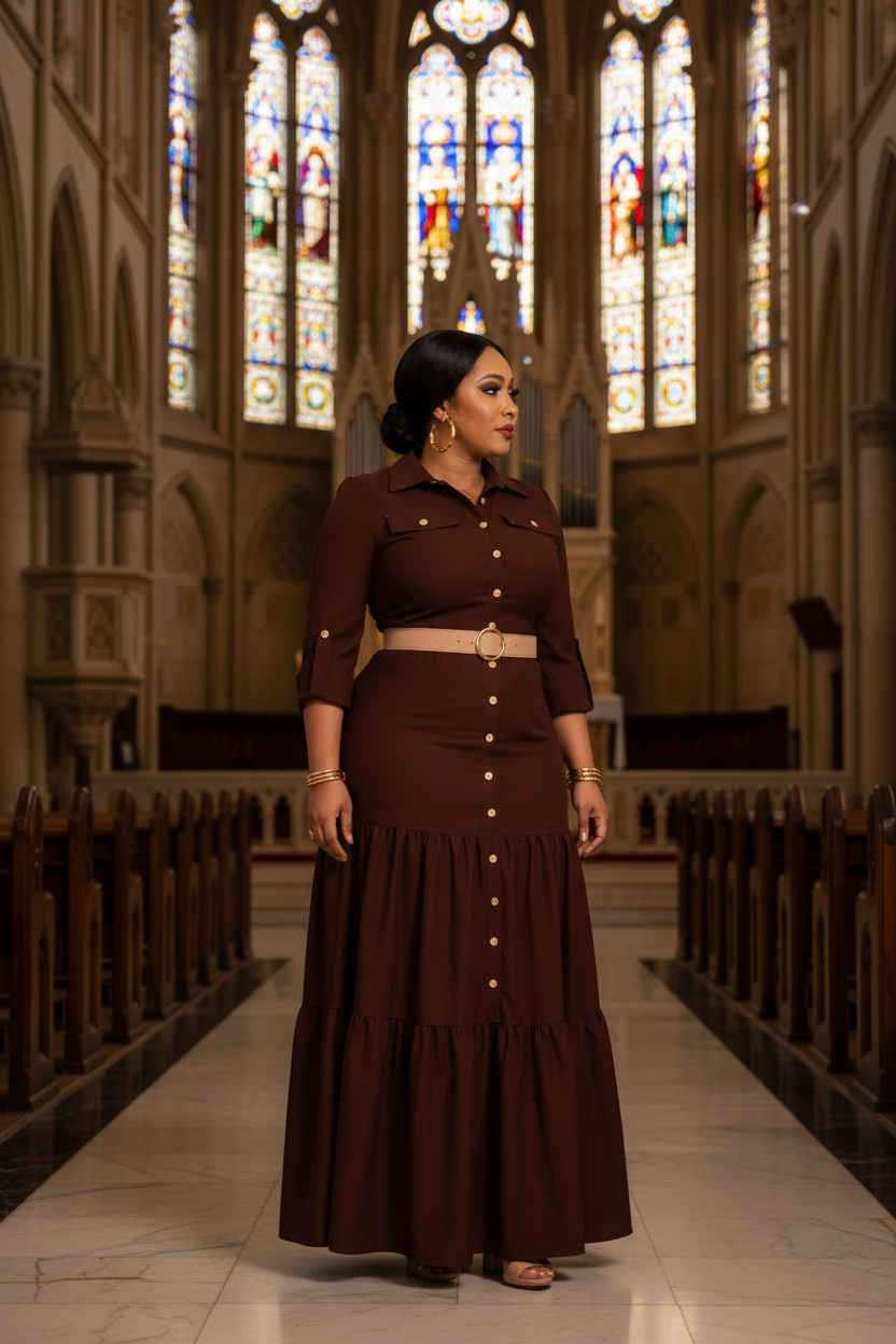 Chocolate brown tiered maxi dress styled with tan belt and nude heels in formal interior setting