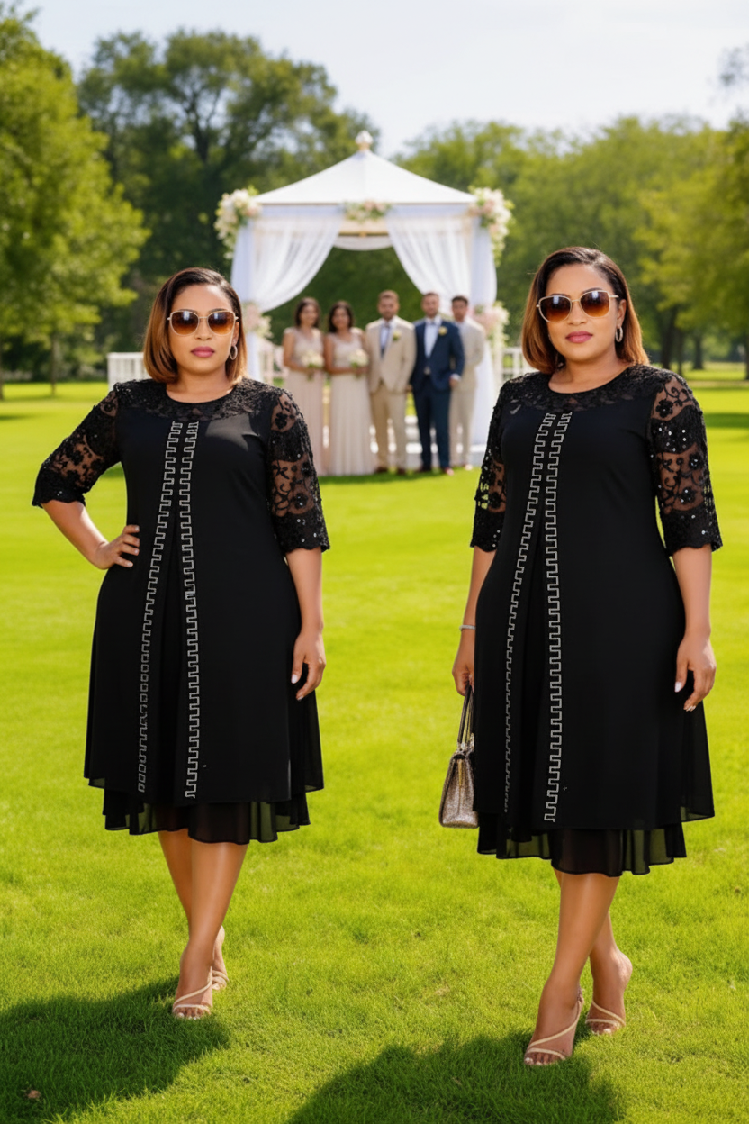 Black Lace Sleeve Sequin Trim Midi Dress - Garden Wedding