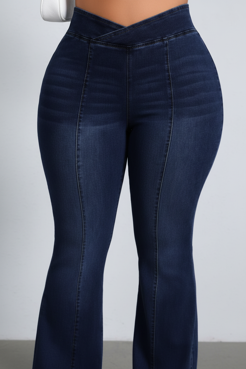 High-Waist Crossover Flare Jeans - Detail Shot