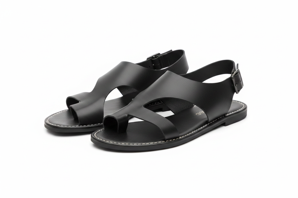 Black Wide Strap Flat Sandals - AI Generated