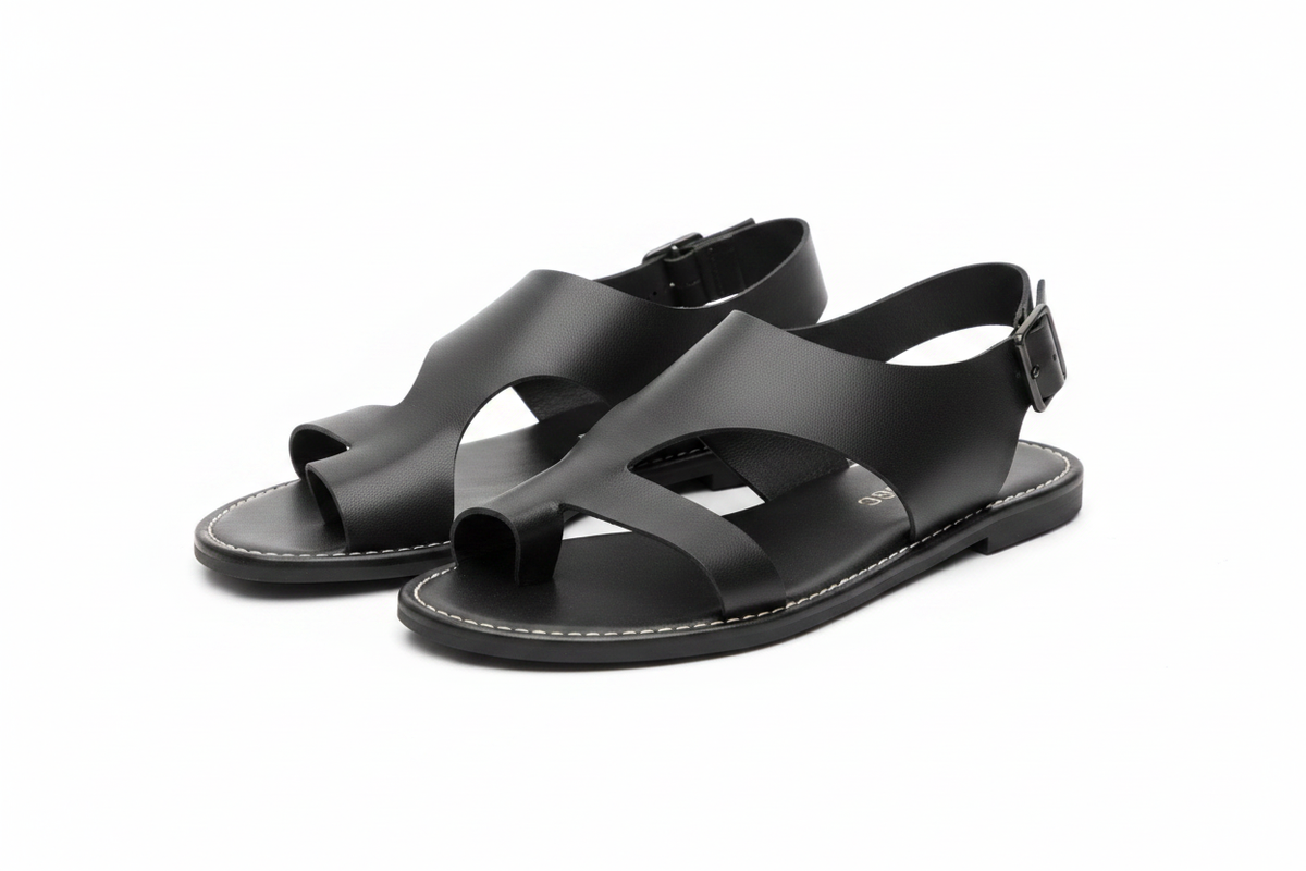 Black Wide Strap Flat Sandals - AI Generated