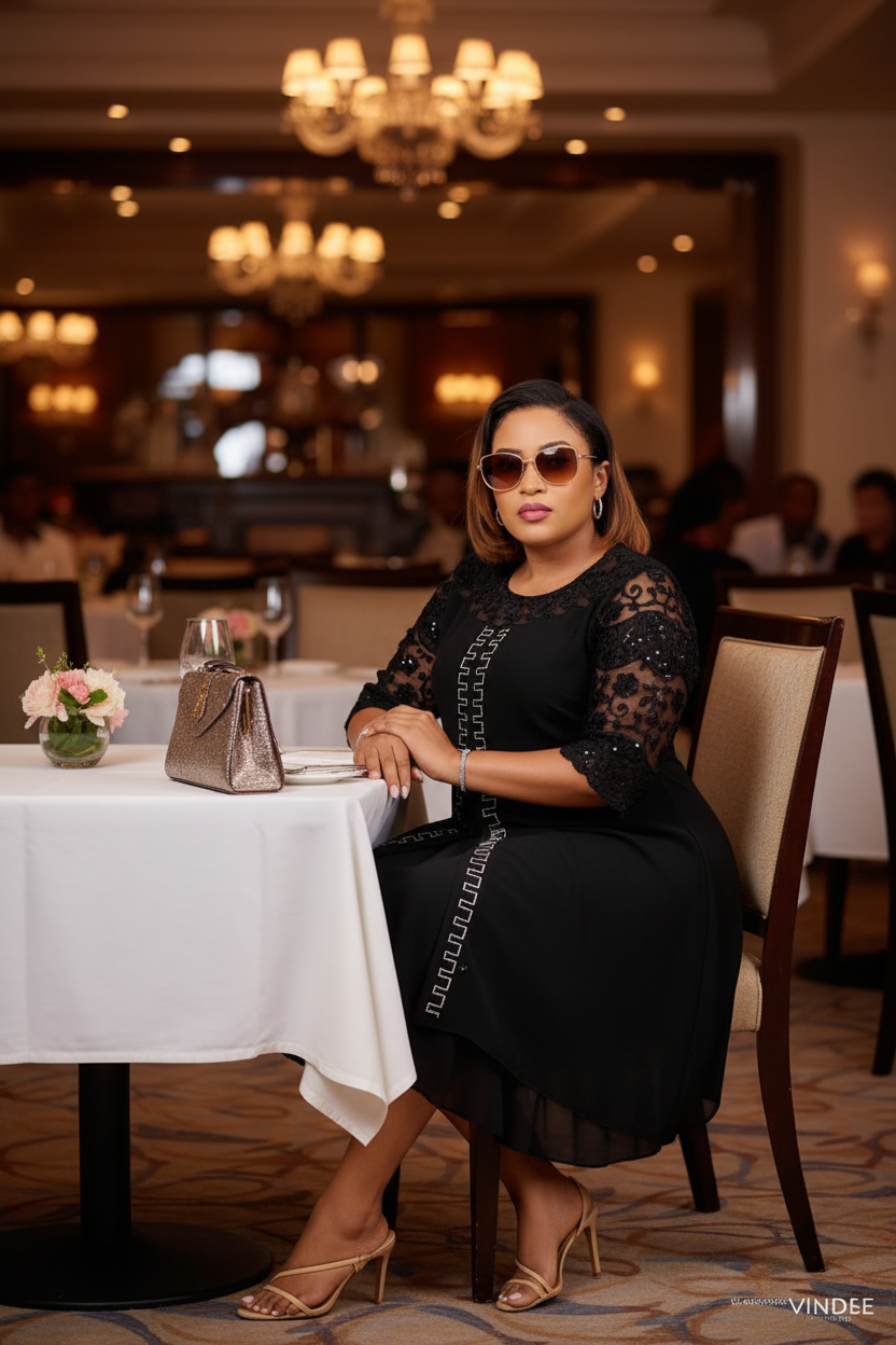 Black Lace Sleeve Sequin Trim Midi Dress - Dinner