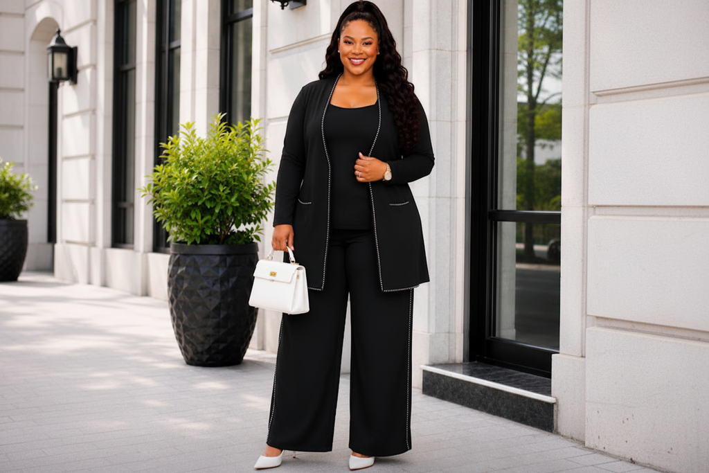Rhinestone Trim Blazer Pant Suit - Lifestyle Shot
